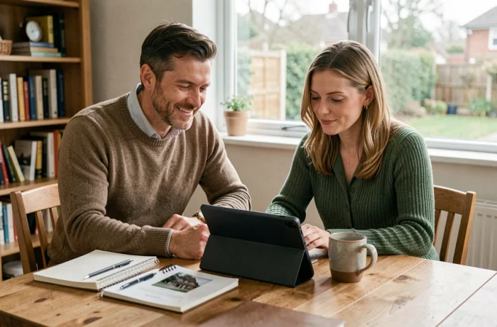 Couple parcourant les pages et rubriques d'un portail immobilier sur tablette à la maison