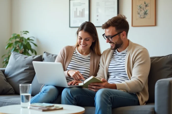 Couple planifiant leur budget mensuel ensemble sur un ordinateur portable dans leur salon moderne