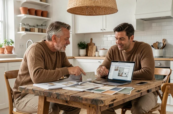 Couple planifiant la décoration intérieure de leur appartement avec des catalogues et échantillons de matériaux
