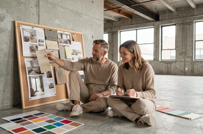 Couple planifiant la décoration intérieure de leur appartement loft avec échantillons de matériaux et planches tendances