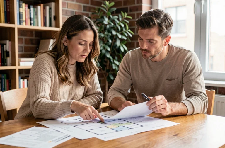 Couple étudiant des plans immobiliers et documents de projet à la maison