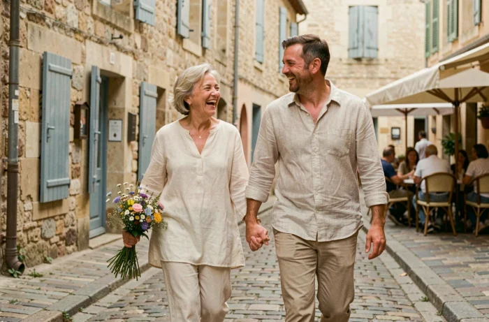 Couple de quinquagénaires se promenant main dans la main dans une rue pavée lors d'un voyage anniversaire de 35 ans de mariage