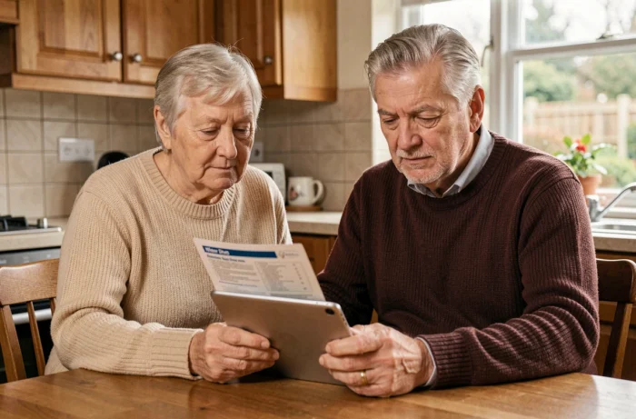 Couple de seniors consultant une brochure de complémentaire santé à la maison