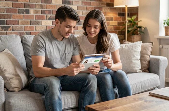 Jeune couple simulant un crédit en ligne sur une tablette dans leur salon pour comparer les offres de financement