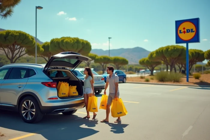 Couple chargeant des courses Lidl dans une voiture sur un parking en Corse lors de vacances
