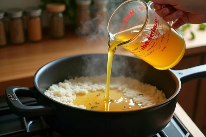 Personne versant un bouillon de poulet doré depuis un pichet en verre dans une casserole de riz cru sur le feu avec des herbes aromatiques comme le thym et le laurier visibles dans le liquide