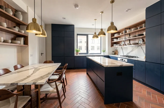 Cuisine ouverte rénovée avec îlot en marbre, façades bleu marine et sol en carreaux terracotta en chevrons