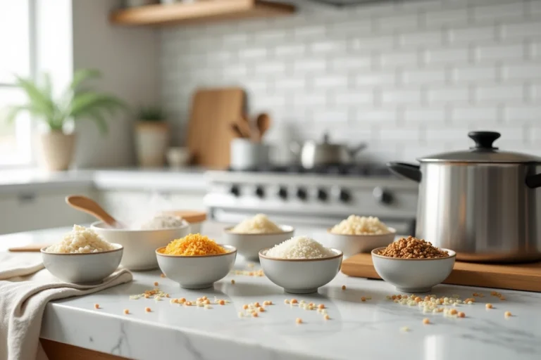 Vue d'ensemble d'une cuisine moderne avec différentes variétés de riz, une casserole fumante et des ustensiles de mesure sur un plan de travail en marbre