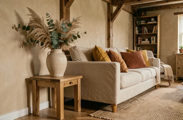 Salon décoré dans un style tendance CallMeSpring avec vase en céramique, coussins en lin moutarde et terracotta, table en chêne massif et tapis en jute sur parquet en chevrons
