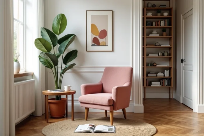 Coin salon décoré avec fauteuil en bouclé, plante verte et parquet en chevron pour une maison moderne