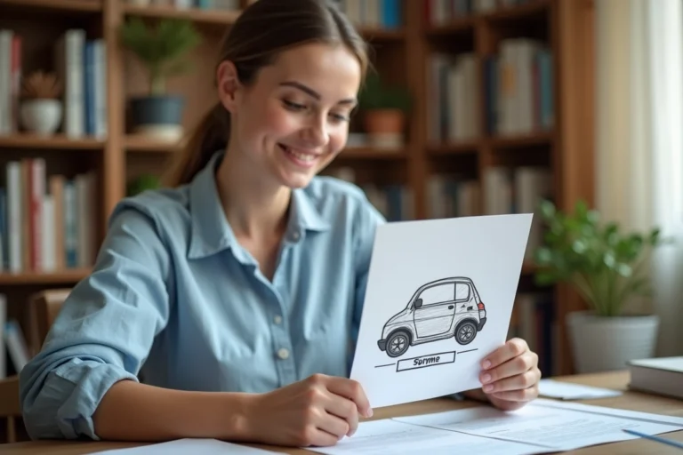 Jeune femme tenant un dessin de voiture personnalisé avec prénom et plaque d'immatriculation imprimé sur papier