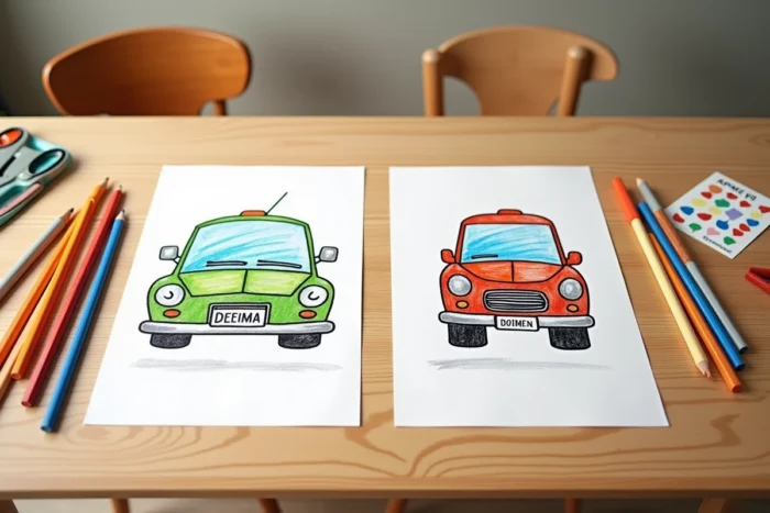 Dessins de voitures personnalisés avec prénoms et plaques d'immatriculation posés sur une table avec des crayons de couleur