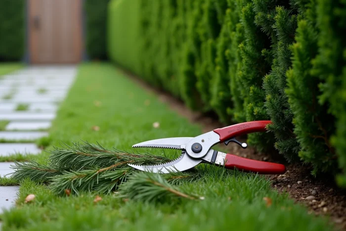 Détail de branches de thuyas taillées au sol avec des cisailles de jardinage professionnelles après une séance de taille de haie