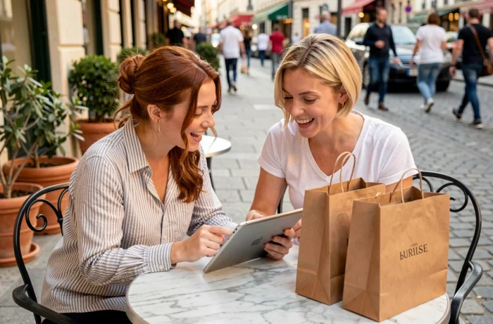 Deux femmes consultant une tablette pour faire des achats en ligne ensemble en terrasse de café avec des sacs de boutique