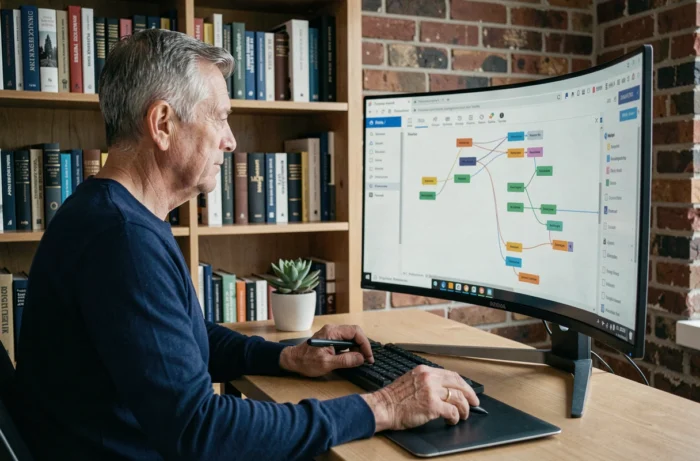 Développeur web gérant l'architecture d'un sitemap sur un grand écran incurvé dans un bureau à domicile