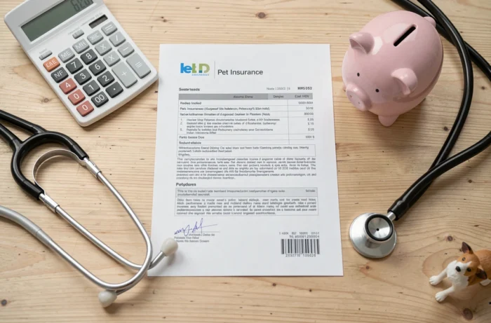 Documents d'assurance pour animaux de compagnie avec calculatrice et stéthoscope sur un bureau en bois, symbolisant la franchise et les remboursements