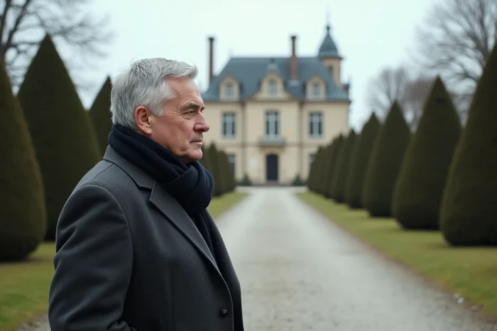 Homme politique français marchant devant un grand domaine historique en Vendée, illustration du patrimoine et de la fortune estimée de Philippe de Villiers en 2026