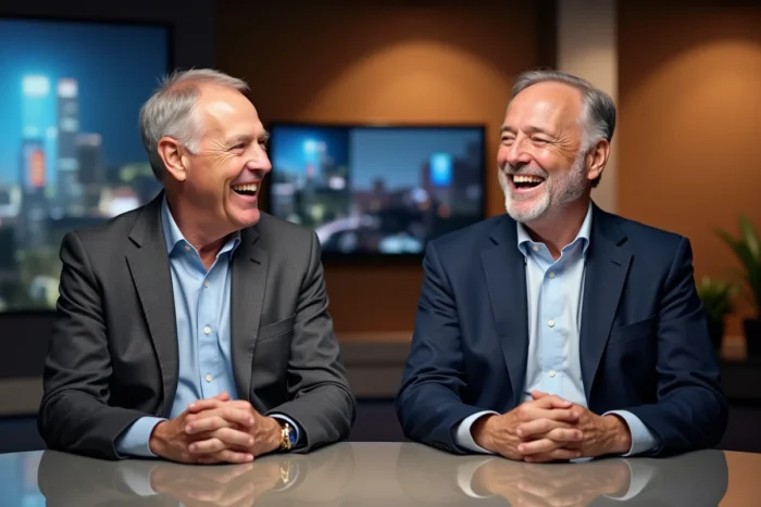 Deux animateurs de télévision complices en plein échange naturel dans un studio moderne