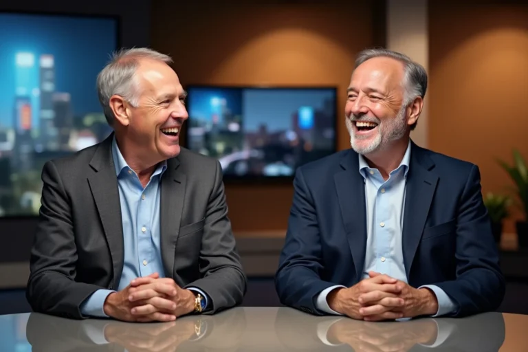 Deux animateurs de télévision complices en plein échange naturel dans un studio moderne