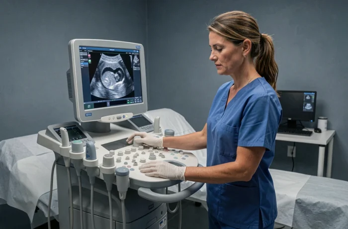 Technicienne en échographie réalisant une échographie précoce de grossesse sur un appareil médical