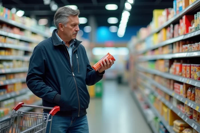 Homme comparant les prix de produits dans un supermarché pour économiser sur ses courses quotidiennes