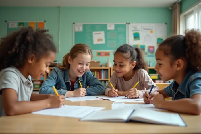 Groupe d'élèves du secondaire travaillant en collaboration dans une salle de classe moderne et bien organisée