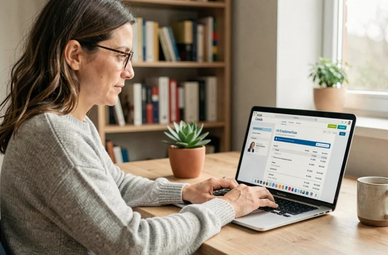 Employée Auchan consultant ses fiches de paie en ligne sur son ordinateur portable depuis son bureau à domicile
