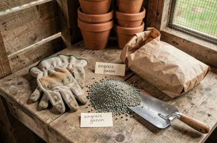 Gants de jardinage et granulés d'engrais pour gazon sur un établi en bois dans un atelier de jardinage