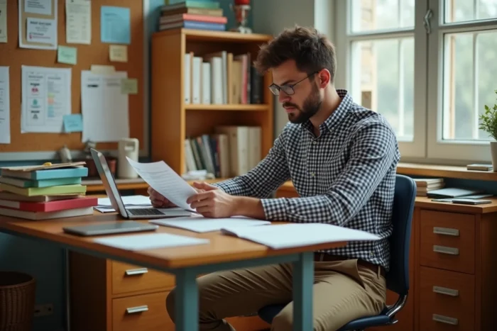 Enseignant masculin planifiant ses cours à son bureau avec des dossiers colorés et des outils d'organisation scolaire