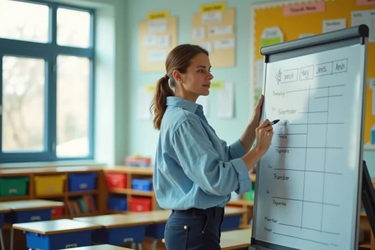 Enseignante organisée écrivant un planning hebdomadaire au tableau blanc dans une salle de classe bien rangée
