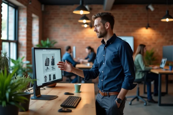 Entrepreneur masculin debout dans un espace de coworking présentant une boutique en ligne sur grand écran