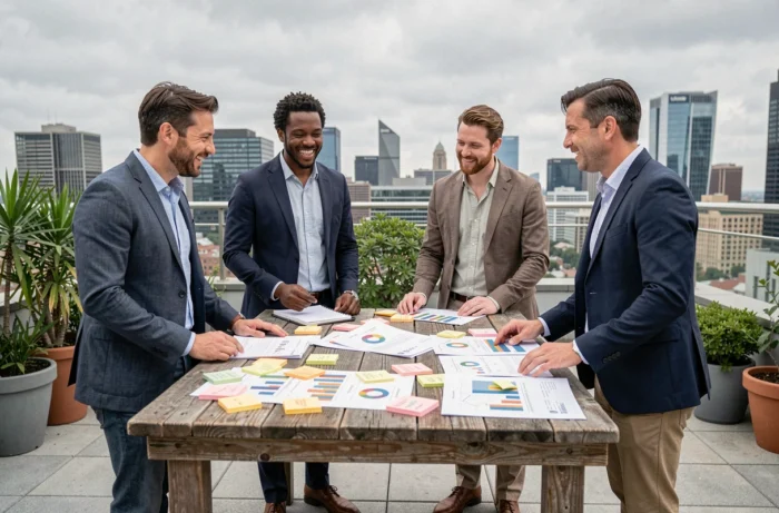 Équipe diversifiée en séance de brainstorming sur une terrasse urbaine pour améliorer la performance collective