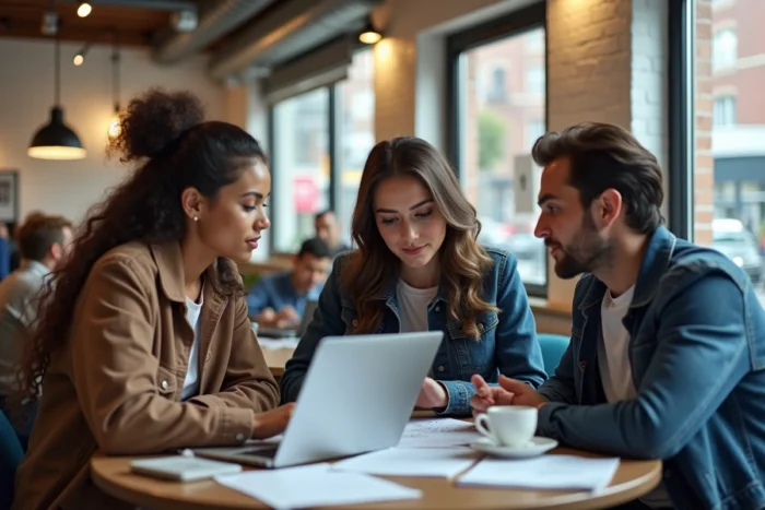 Équipe de jeunes entrepreneurs collaborant autour d'une stratégie de business en ligne dans un café urbain