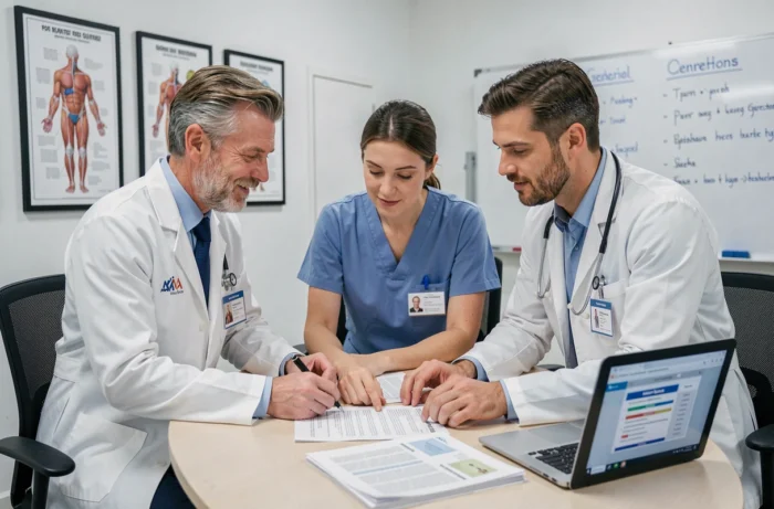 Équipe pluridisciplinaire de professionnels de santé collaborant sur la prise en charge de la douleur