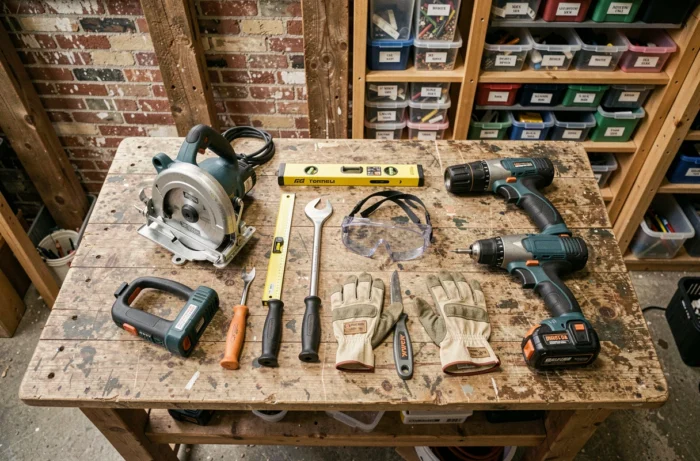 Assortiment d'équipements professionnels de construction disposés sur un établi en bois usé dans un atelier artisanal