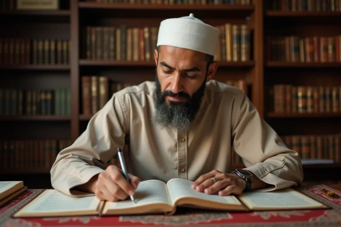 Érudit musulman lisant des ouvrages islamiques à son bureau, entouré de livres en arabe, dans une bibliothèque traditionnelle
