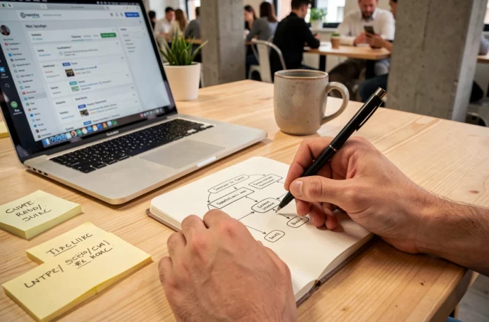 Mains esquissant une structure de sitemap dans un carnet entouré d'outils de planification web dans un espace coworking
