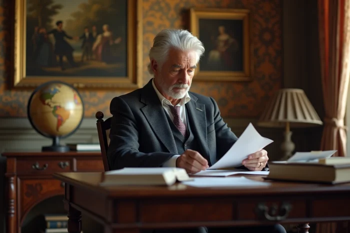 Portrait éditorial d'un homme politique français estimant son patrimoine dans un manoir, évoquant la fortune de Philippe de Villiers