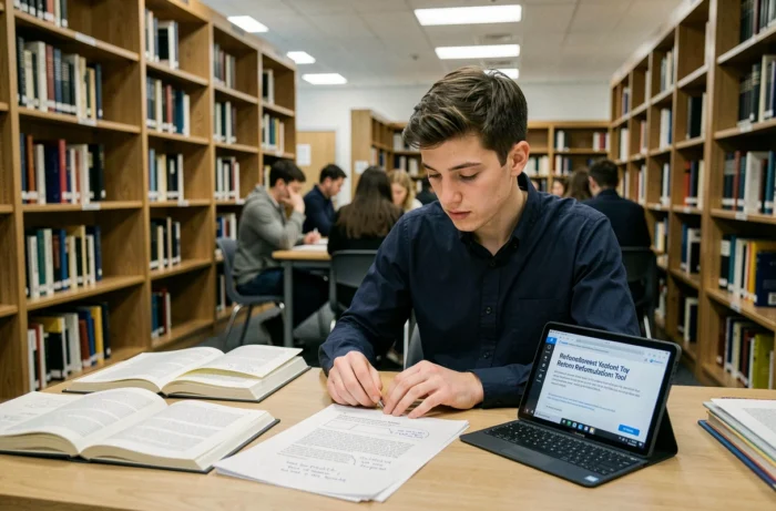 Étudiant comparant des versions reformulées de son essai universitaire dans une bibliothèque avec des livres et une tablette numérique