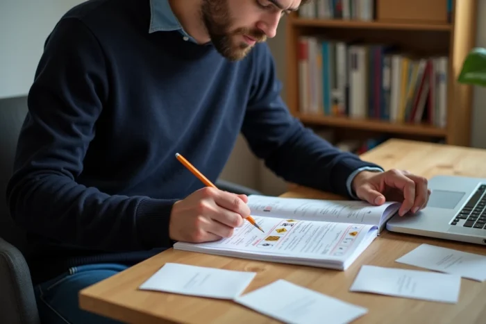 Jeune homme révisant le code de la route à son bureau pour réussir l'examen du permis de conduire