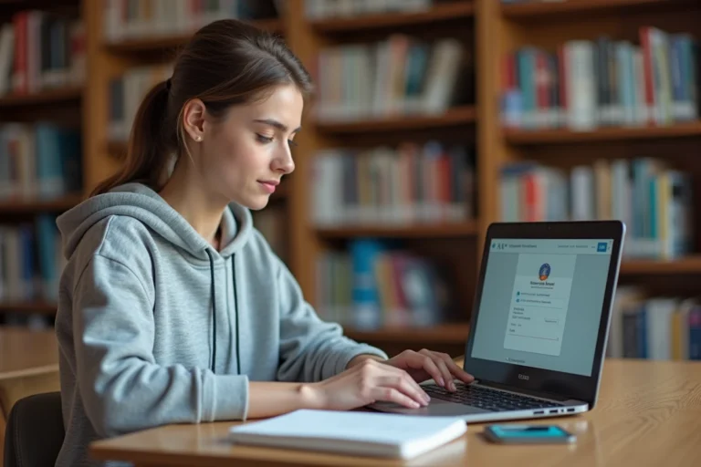 Étudiante connectée à son compte académique Arena id.ac-versailles.fr sur un ordinateur portable dans une bibliothèque universitaire