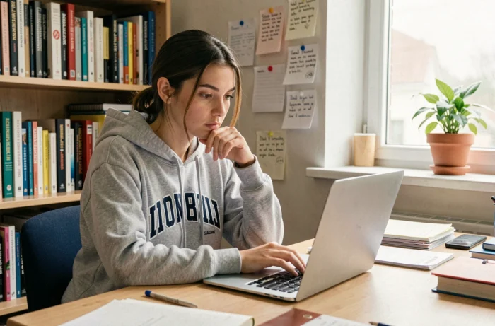 Étudiante universitaire utilisant un reformulateur en ligne sur son ordinateur portable dans sa chambre d'étudiant entourée de livres et de notes