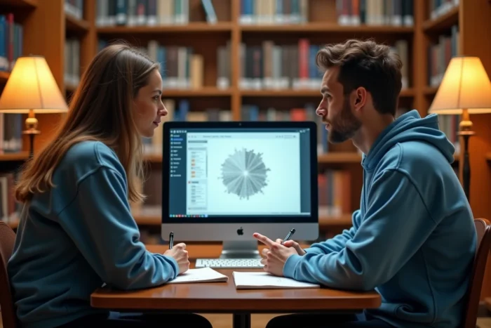 Deux étudiants en master collaborant sur un essai gratuit de logiciel d'analyse qualitative en bibliothèque universitaire