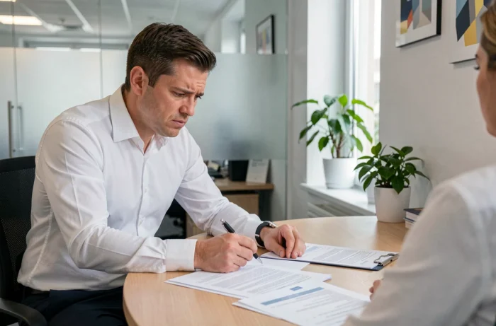 Homme examinant un contrat de prêt immobilier en agence bancaire avec une expression préoccupée