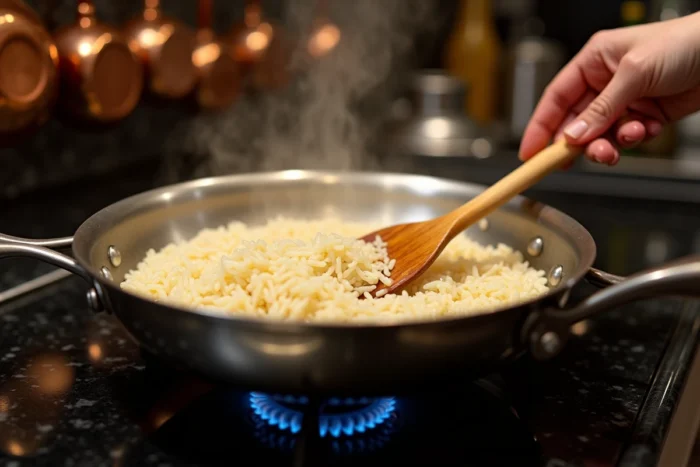 Riz blanc revenu dans de l'huile d'olive dans une poêle en inox sur feu vif avec une spatule en bois le remuant jusqu'à ce que les grains deviennent légèrement translucides et dorés