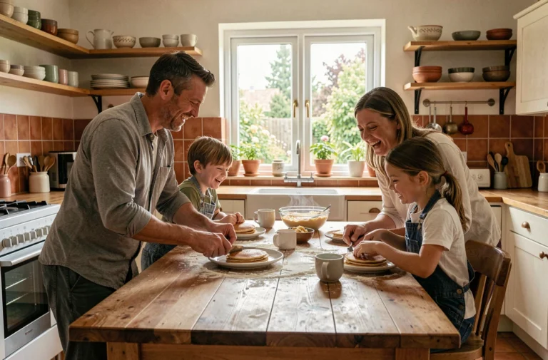 Famille réunie autour d'une table en bois le matin du week-end, parents et enfants préparant des crêpes ensemble dans une cuisine chaleureuse
