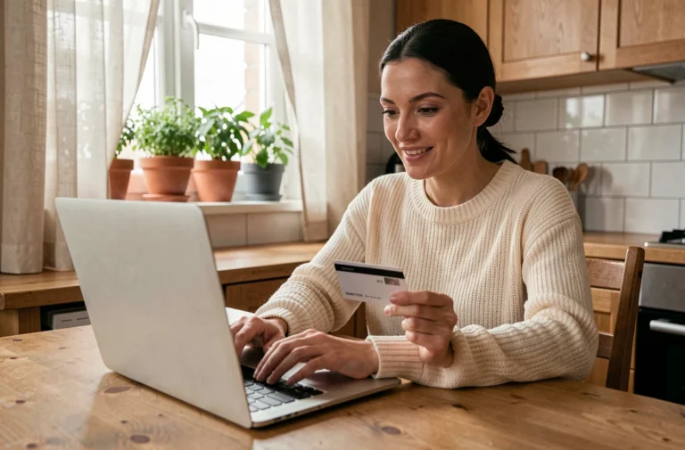 Femme faisant des achats en ligne sur son ordinateur portable dans une cuisine chaleureuse, carte bancaire en main