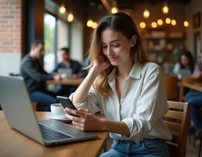 Jeune femme consultant les dernières tendances et actualités insolites sur son smartphone dans un café moderne