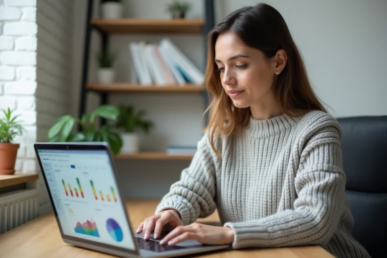 Femme utilisant un logiciel d'analyse qualitative NVivo sur ordinateur portable dans un bureau à domicile
