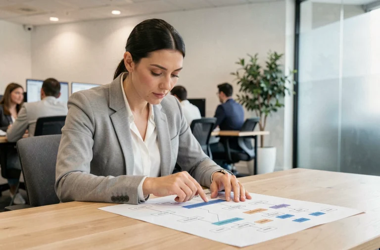 Professionnelle analysant un diagramme de sitemap imprimé sur un bureau en bois dans un bureau moderne